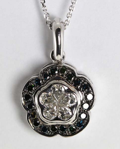 18k White Gold Pear and Round Cut Invisible Setting Black Irradiated Diamond Flower Pendant